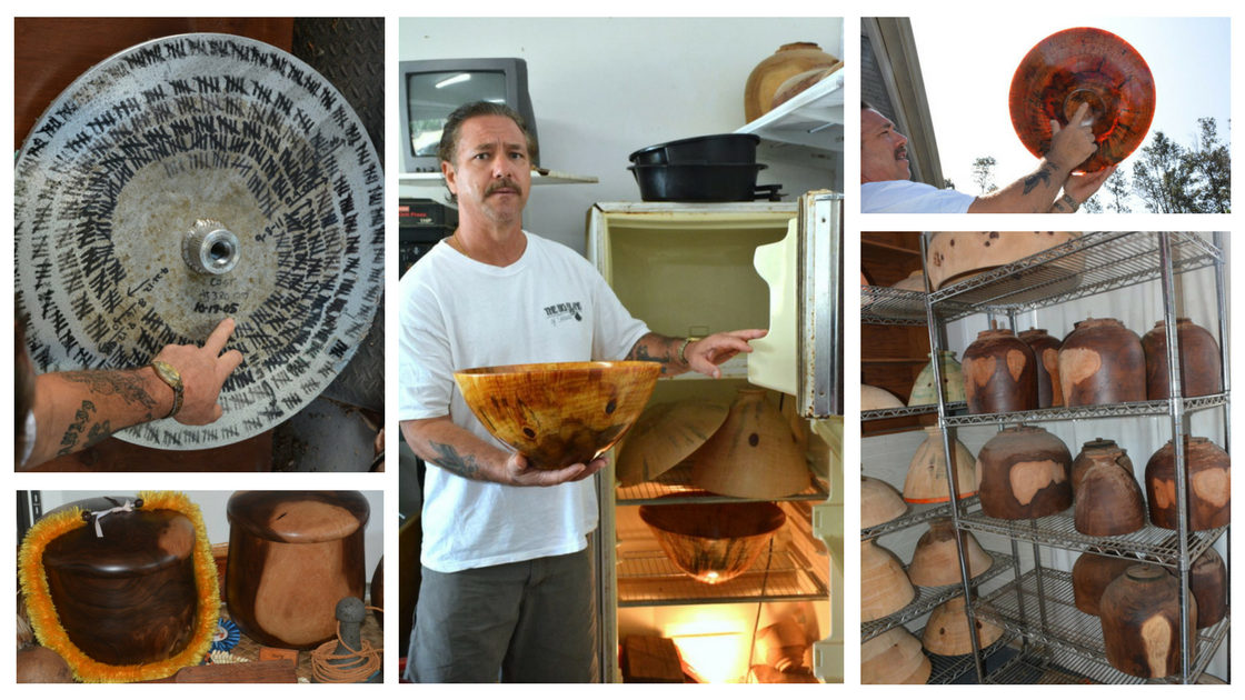Photo: Syd Vierra with Hawaiian Bowls and a Wood Lathe